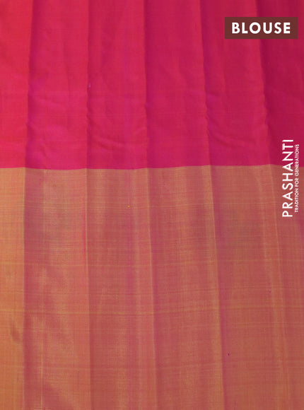 Gadwal silk saree reddish pink and mustard yellow shade with silver & gold zari woven buttas and long thread & zari woven border