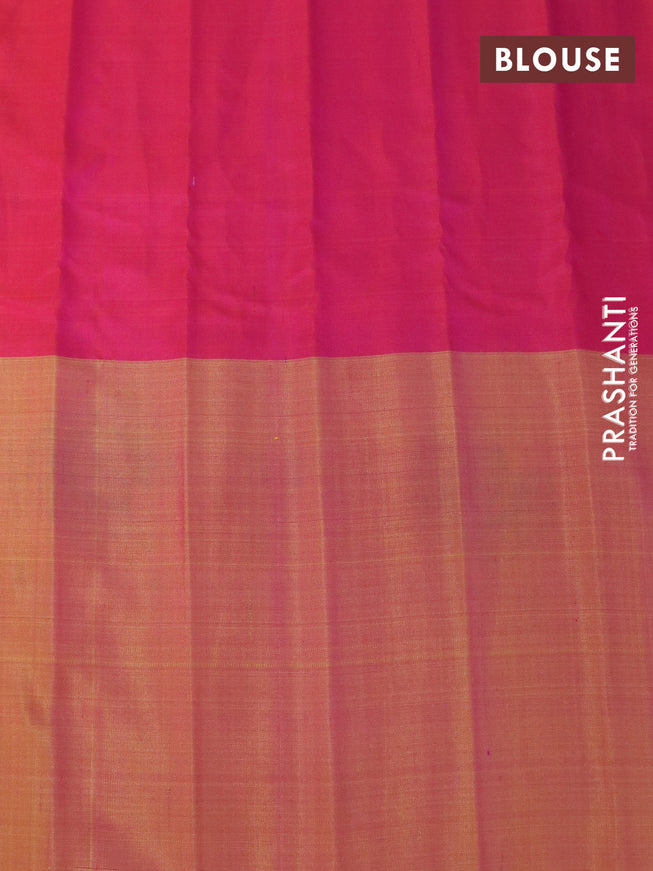 Gadwal silk saree reddish pink and mustard yellow shade with silver & gold zari woven buttas and long thread & zari woven border