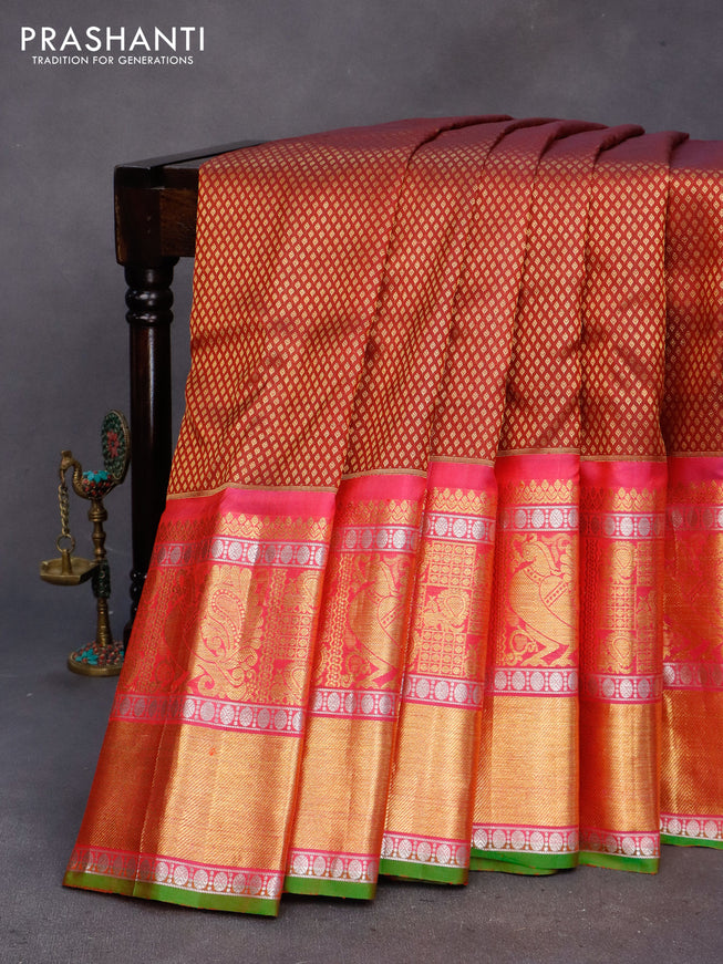 Gadwal silk saree maroon and pink with allover zari woven brocade weaves and long zari woven border