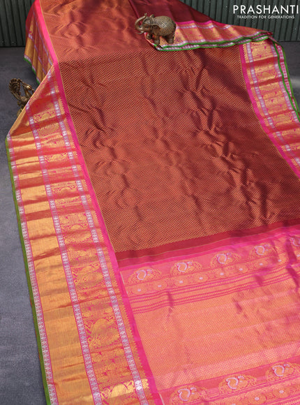 Gadwal silk saree maroon and pink with allover zari woven brocade weaves and long zari woven border