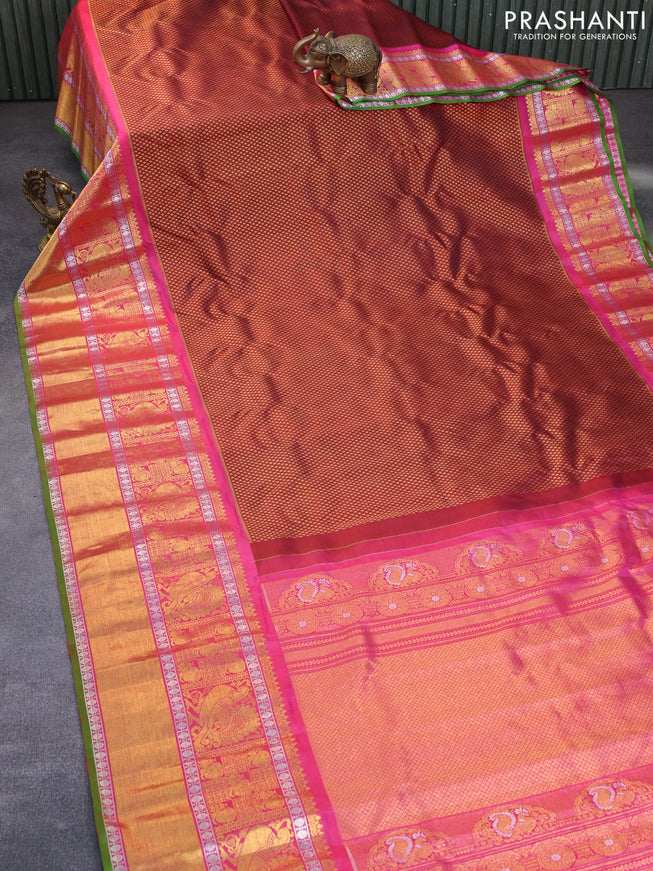 Gadwal silk saree maroon and pink with allover zari woven brocade weaves and long zari woven border