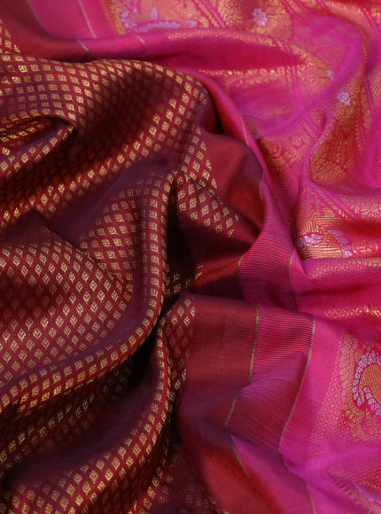 Gadwal silk saree maroon and pink with allover zari woven brocade weaves and long zari woven border