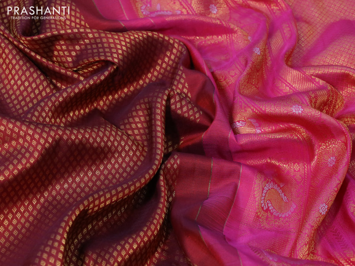 Gadwal silk saree maroon and pink with allover zari woven brocade weaves and long zari woven border