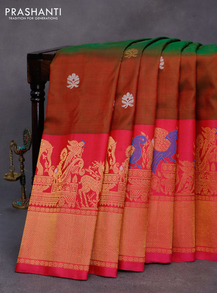 Gadwal silk saree dual shade of reddish green and dark pink with silver & gold zari woven buttas and long zari woven border