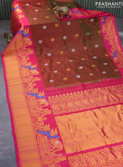 Gadwal silk saree dual shade of reddish green and dark pink with silver & gold zari woven buttas and long zari woven border