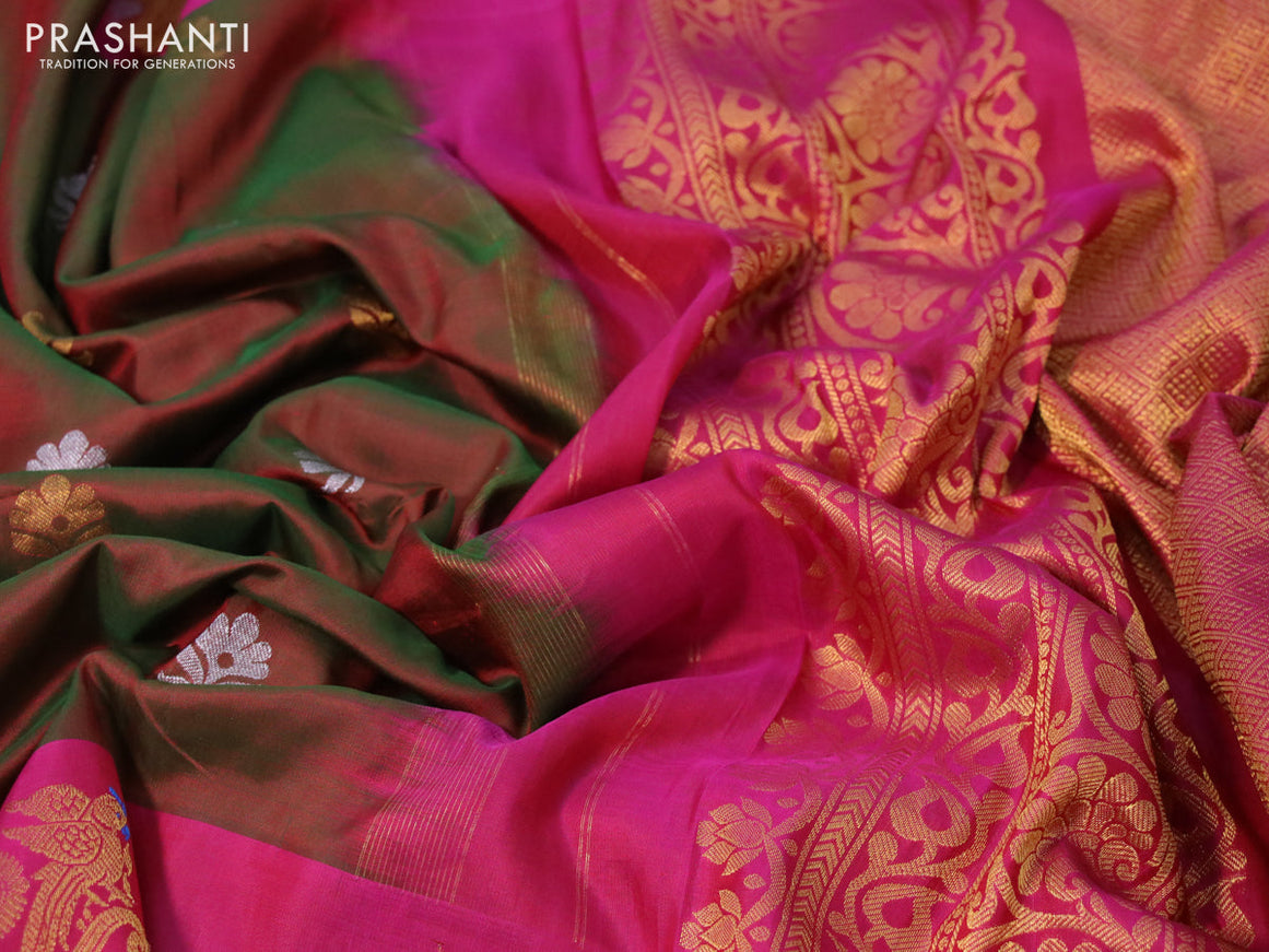 Gadwal silk saree dual shade of reddish green and dark pink with silver & gold zari woven buttas and long zari woven border