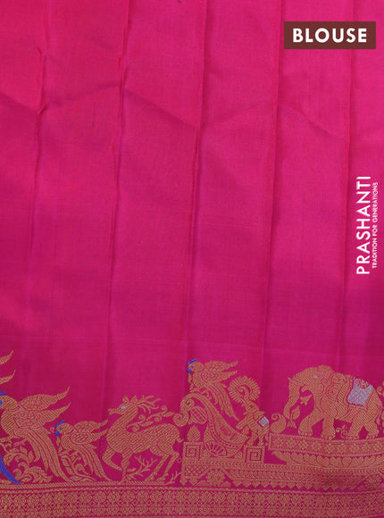 Gadwal silk saree dual shade of reddish green and dark pink with silver & gold zari woven buttas and long zari woven border