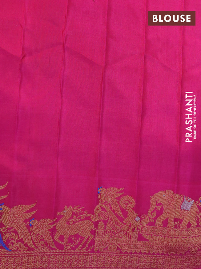 Gadwal silk saree dual shade of reddish green and dark pink with silver & gold zari woven buttas and long zari woven border