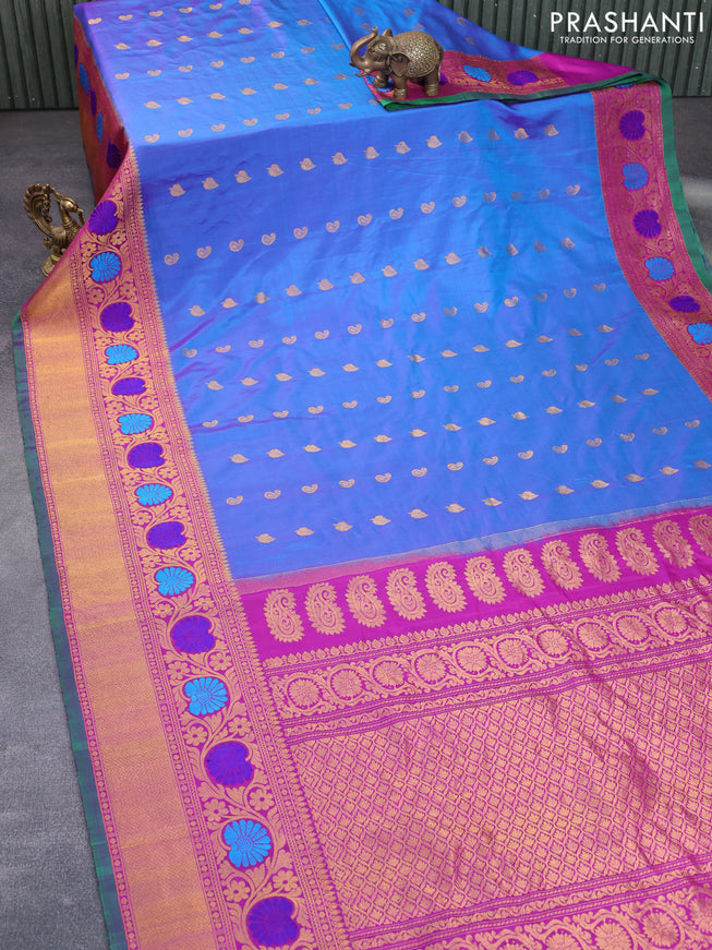 Gadwal silk saree dual shade of blue and purple with zari woven buttas and long thread & zari woven border