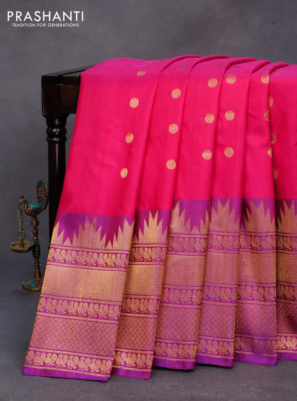 Gadwal silk saree pink and dual shad of purple with zari woven buttas and temple design long zari woven border