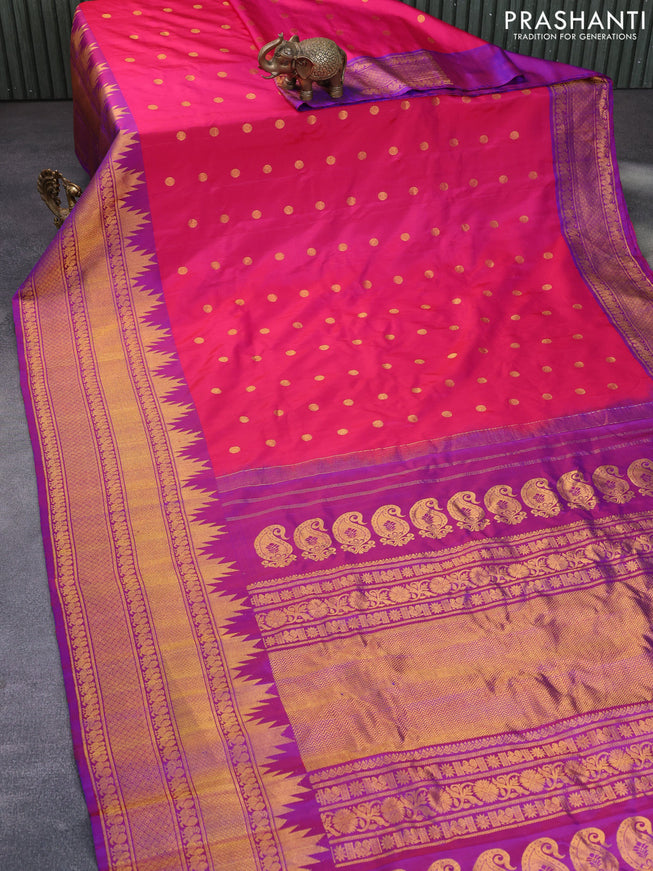 Gadwal silk saree pink and dual shad of purple with zari woven buttas and temple design long zari woven border