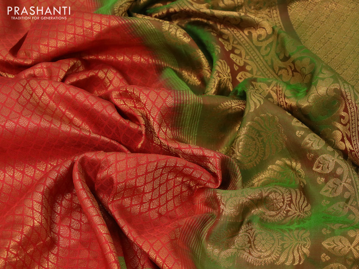 Gadwal silk saree reddish orange and dual shade of green with allover zari woven brocade weaves and long floral zari woven border