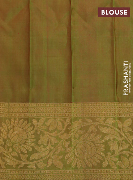 Gadwal silk saree reddish orange and dual shade of green with allover zari woven brocade weaves and long floral zari woven border