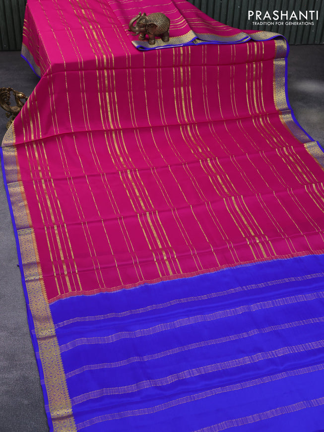 Pure mysore silk saree dark pink and blue with allover zari weaves and zari woven border