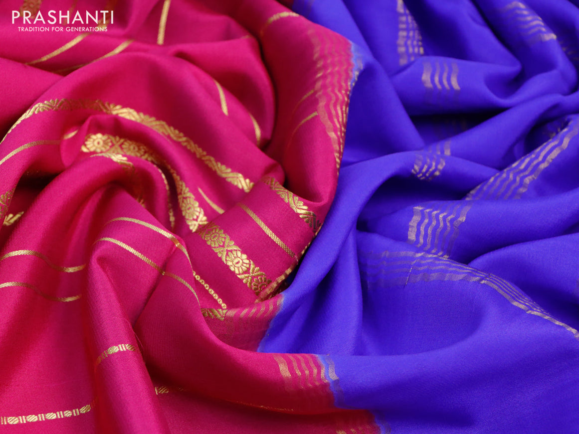 Pure mysore silk saree dark pink and blue with allover zari weaves and zari woven border