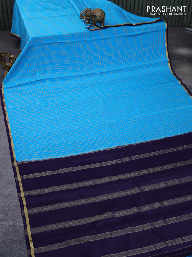 Pure mysore silk saree light blue and dark blue with allover zari checked pattern and zari woven border