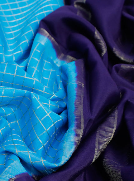 Pure mysore silk saree light blue and dark blue with allover zari checked pattern and zari woven border