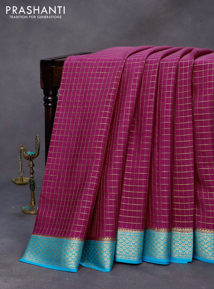 Pure mysore silk saree dark pink and light blue with allover zari checked pattern and zari woven border