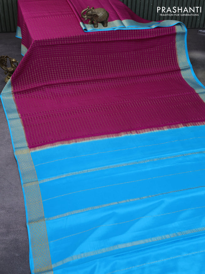 Pure mysore silk saree dark pink and light blue with allover zari checked pattern and zari woven border