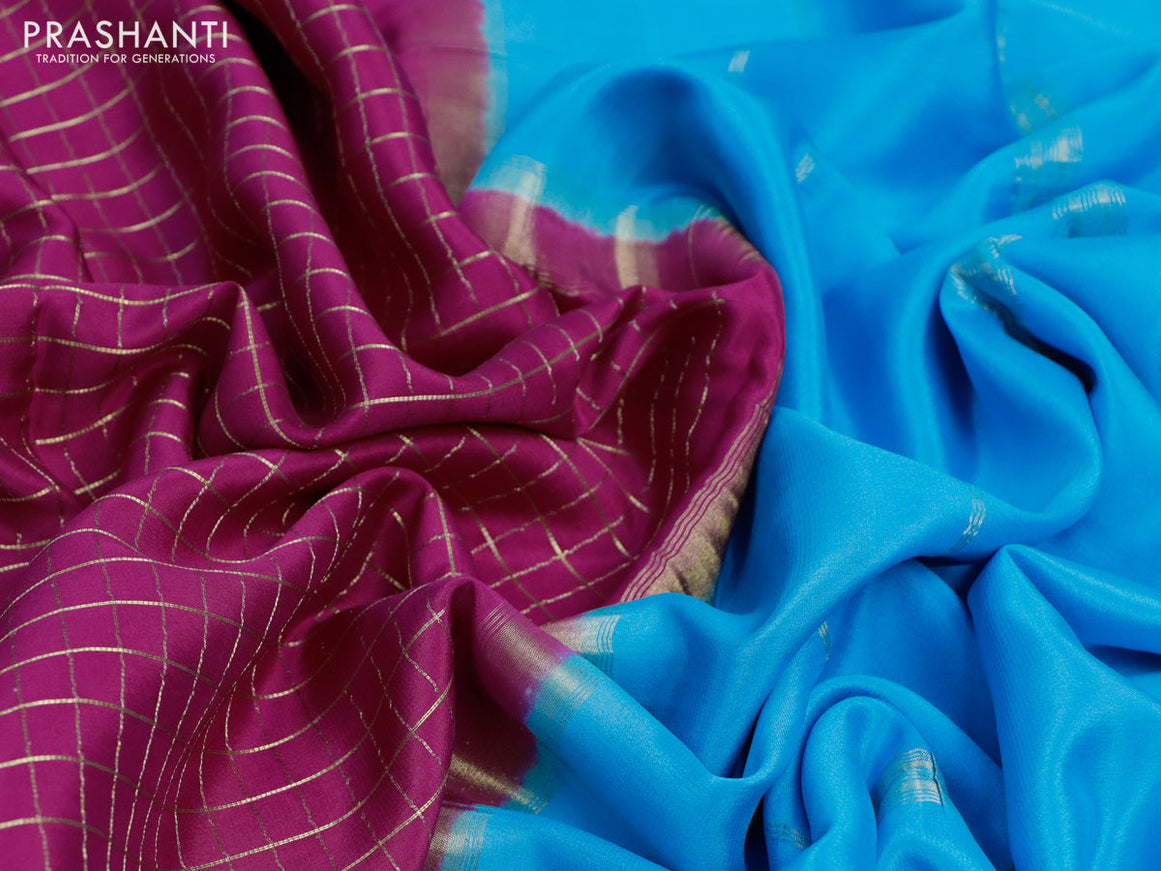 Pure mysore silk saree dark pink and light blue with allover zari checked pattern and zari woven border