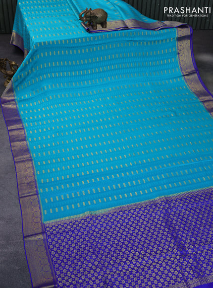 Pure mysore silk saree teal blue and royal blue with allover self emboss & zari buttas and zari woven border