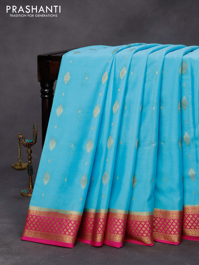 Pure mysore silk saree light blue and pink with allover zari woven buttas and zari woven border