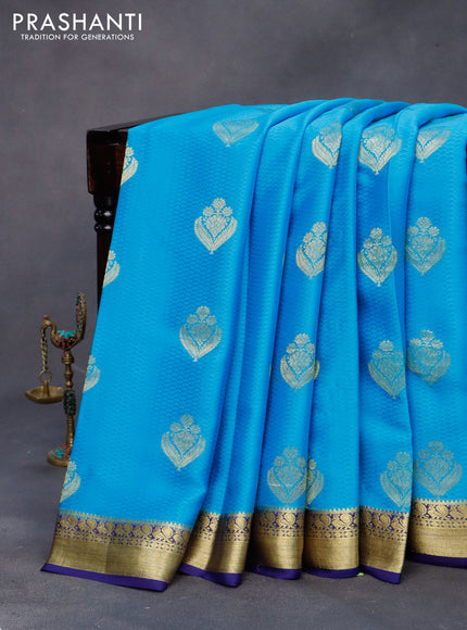 Pure mysore silk saree light blue and blue with allover self emboss & zari buttas and zari woven border