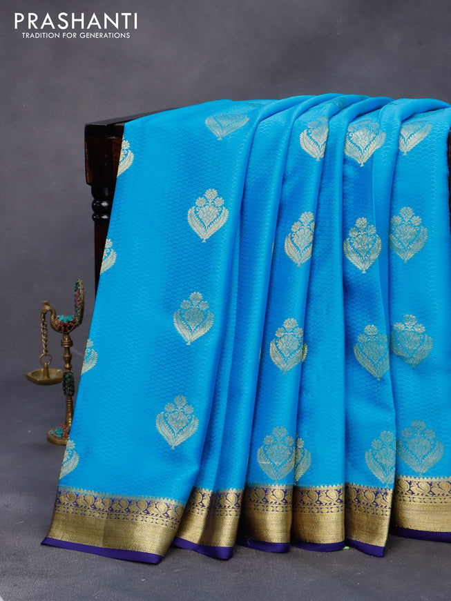 Pure mysore silk saree light blue and blue with allover self emboss & zari buttas and zari woven border