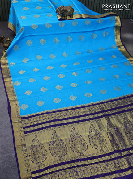 Pure mysore silk saree light blue and blue with allover self emboss & zari buttas and zari woven border