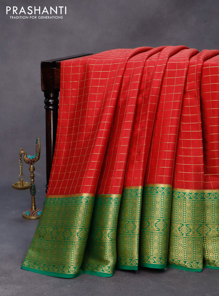 Pure mysore silk saree maroon and green with allover zari checked pattern and long zari woven border