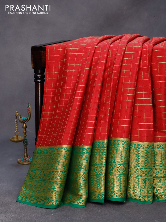 Pure mysore silk saree maroon and green with allover zari checked pattern and long zari woven border