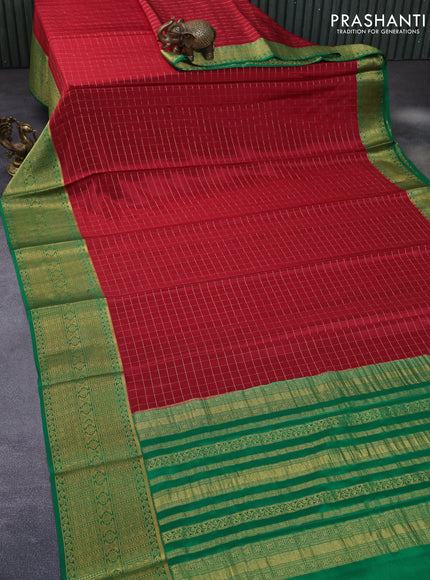 Pure mysore silk saree maroon and green with allover zari checked pattern and long zari woven border