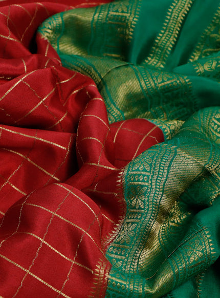 Pure mysore silk saree maroon and green with allover zari checked pattern and long zari woven border