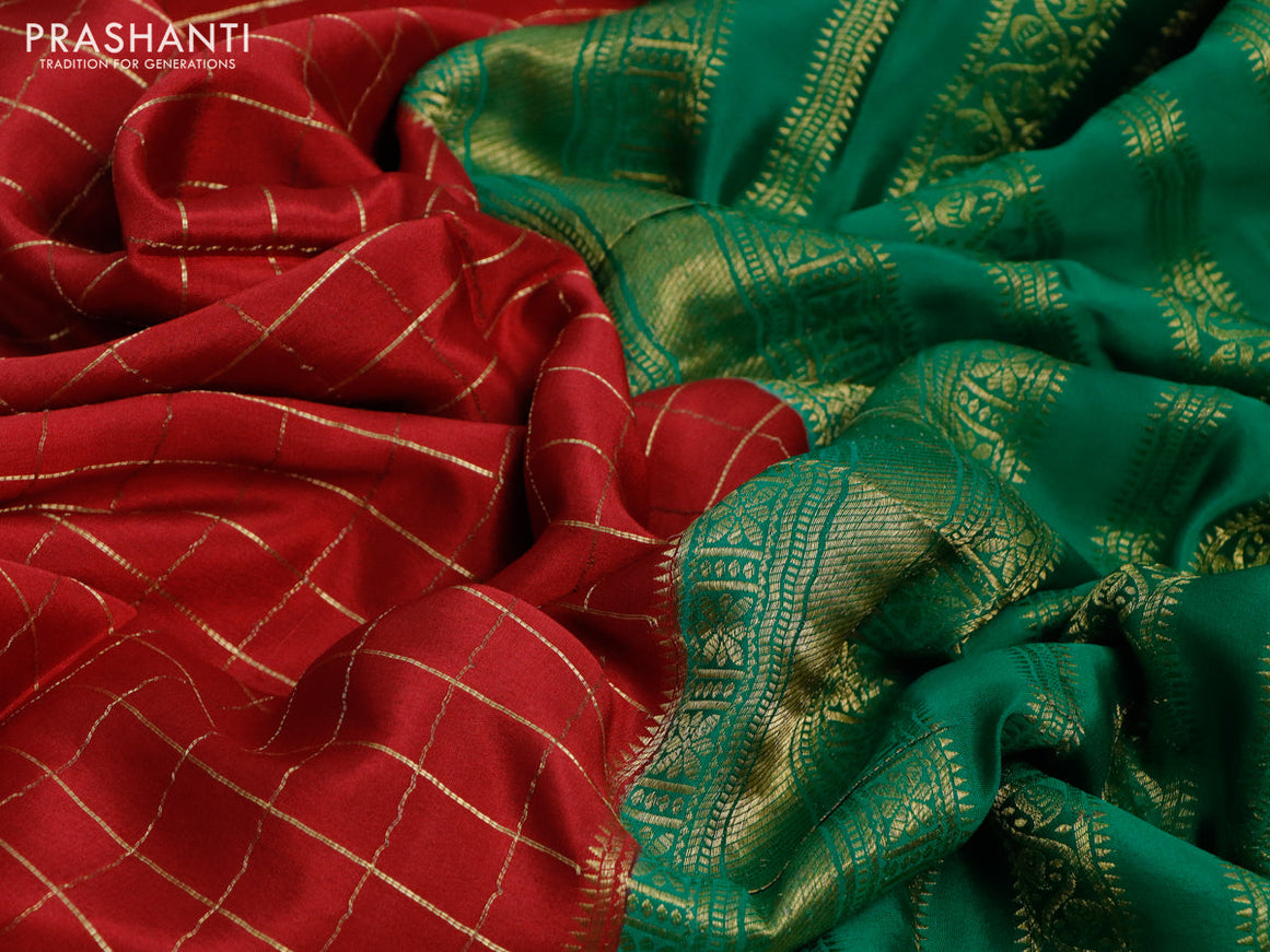 Pure mysore silk saree maroon and green with allover zari checked pattern and long zari woven border