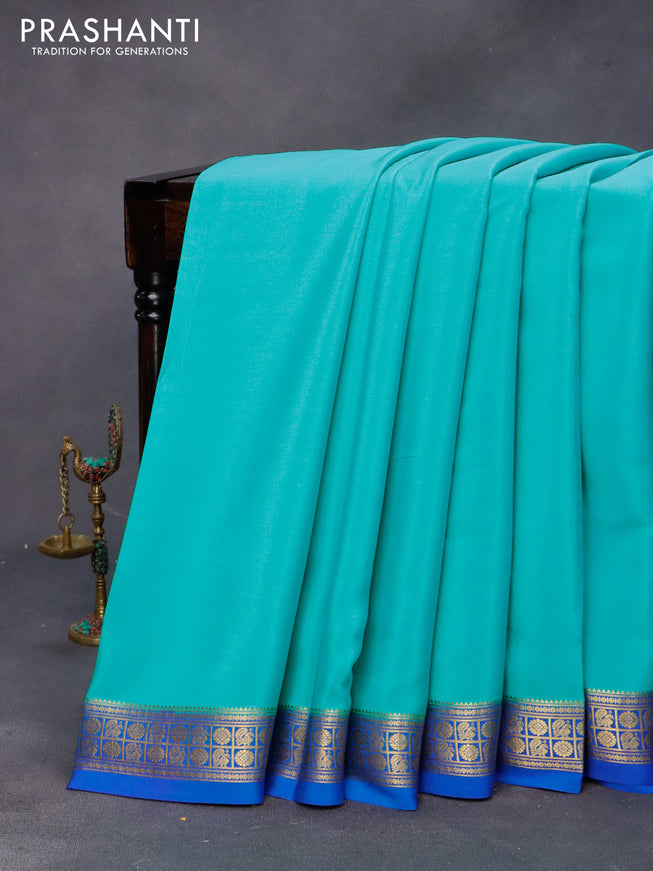 Pure mysore silk saree teal blue and royal blue with plain body and zari woven border