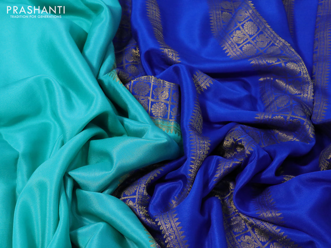 Pure mysore silk saree teal blue and royal blue with plain body and zari woven border