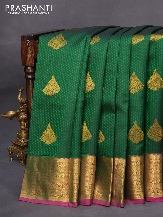 Pure kanchipuram silk saree dark green and pink with allover self emboss & zari buttas and zari woven border