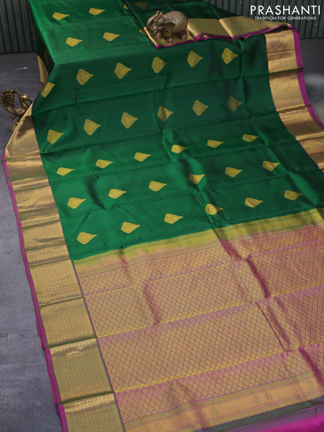 Pure kanchipuram silk saree dark green and pink with allover self emboss & zari buttas and zari woven border