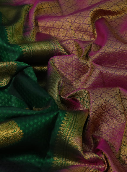 Pure kanchipuram silk saree dark green and pink with allover self emboss & zari buttas and zari woven border