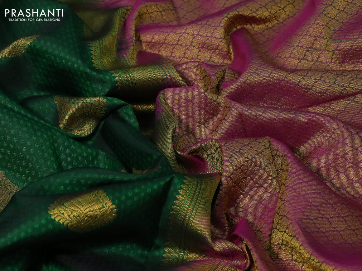 Pure kanchipuram silk saree dark green and pink with allover self emboss & zari buttas and zari woven border