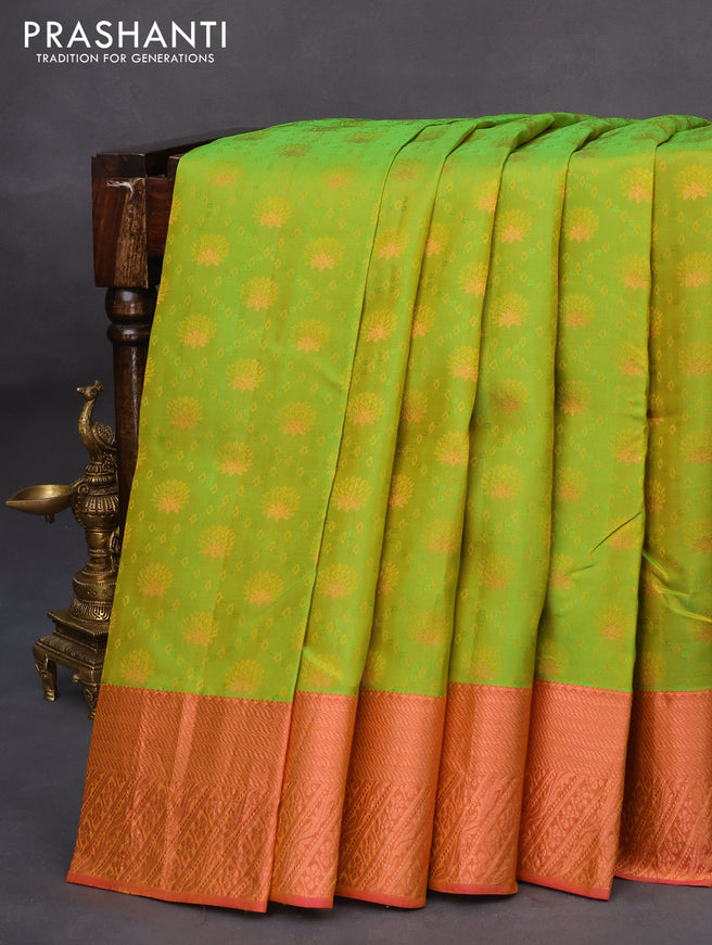 Pure kanchipuram silk saree dual shade of light green and pink with allover self emboss & zari buttas and copper zari woven border