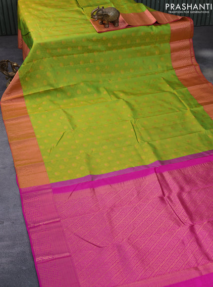 Pure kanchipuram silk saree dual shade of light green and pink with allover self emboss & zari buttas and copper zari woven border