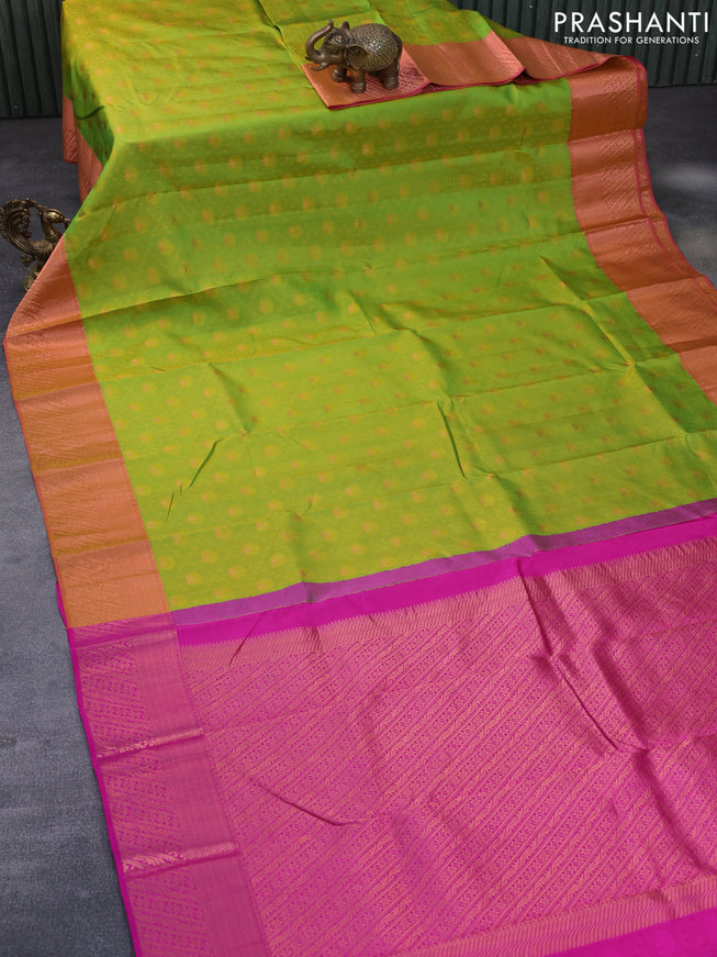 Pure kanchipuram silk saree dual shade of light green and pink with allover self emboss & zari buttas and copper zari woven border