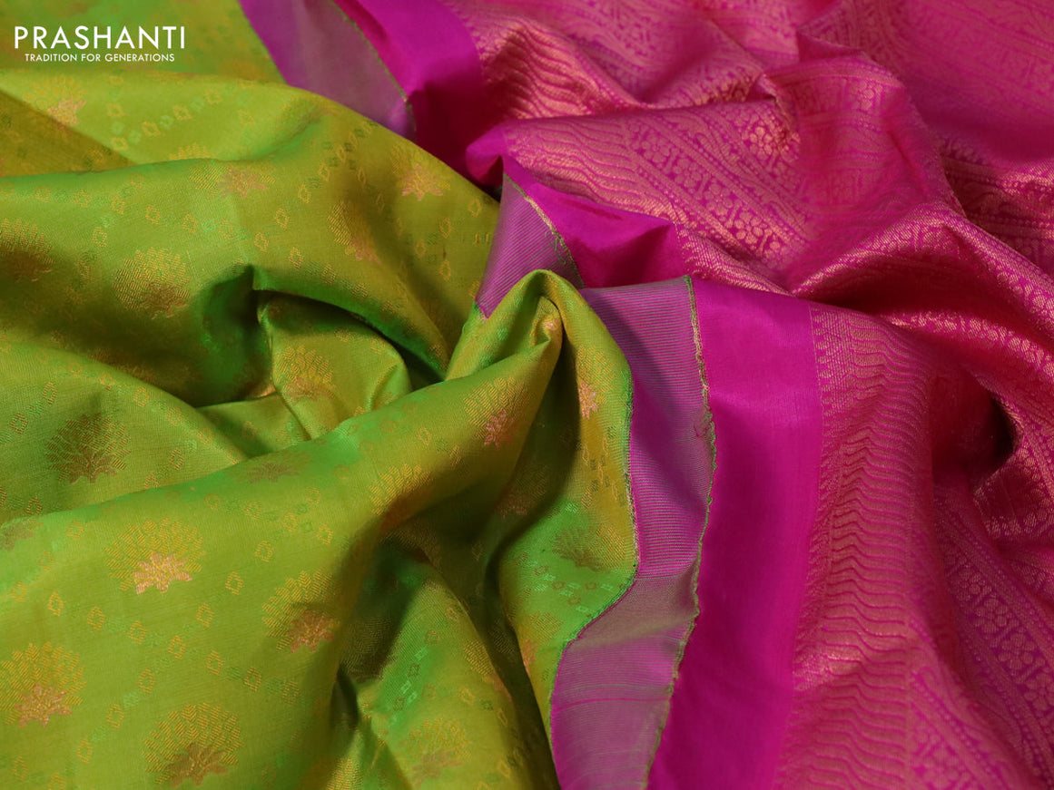 Pure kanchipuram silk saree dual shade of light green and pink with allover self emboss & zari buttas and copper zari woven border