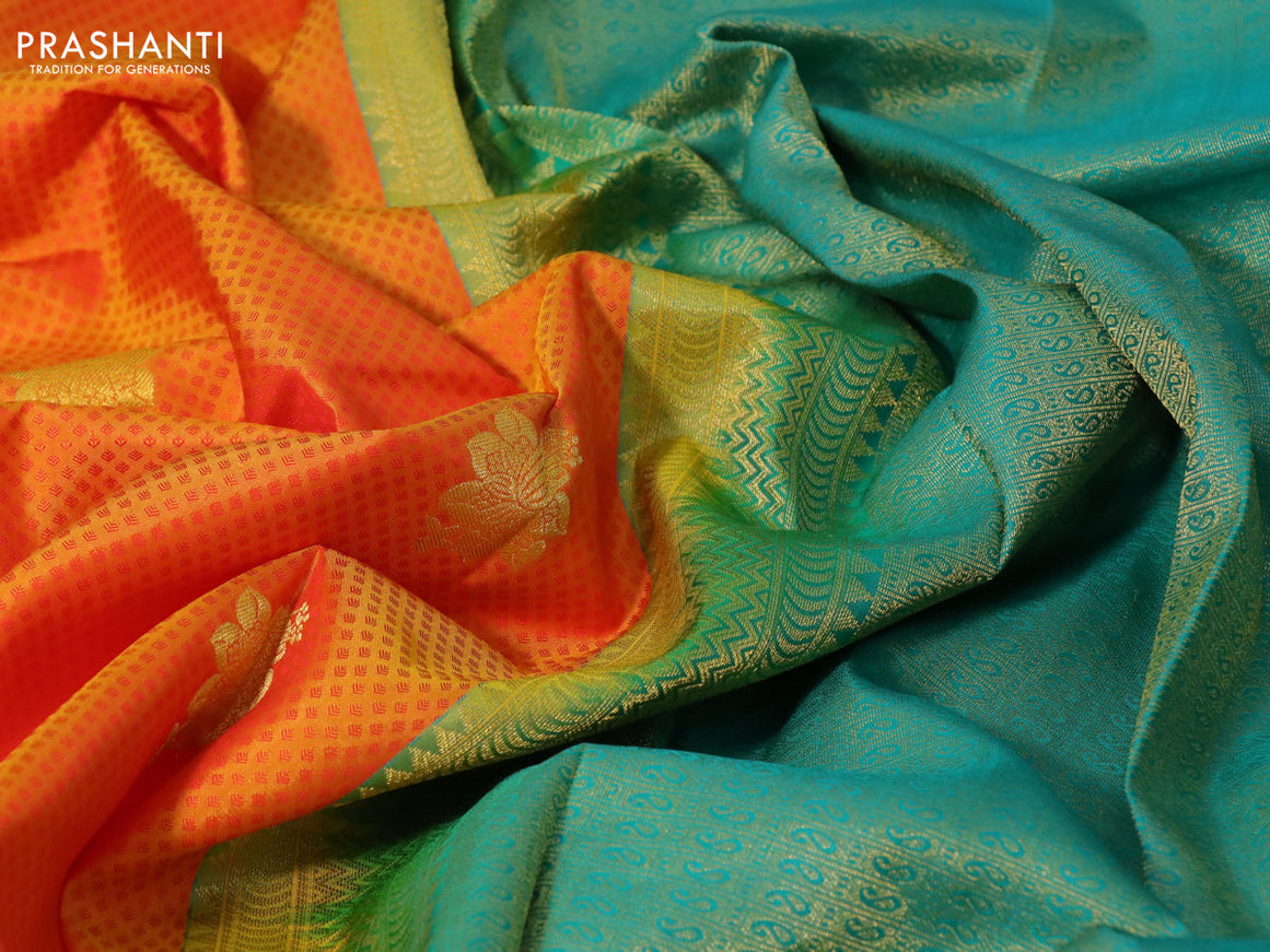 Pure kanchipuram silk saree dual shade of mango yellow and teal green with allover self emboss & zari buttas and zari woven border