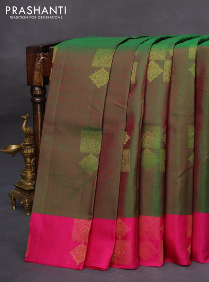 Pure kanchipuram silk saree dual shade of greenish pink and pink with allover self emboss & zari buttas and zari woven butta border