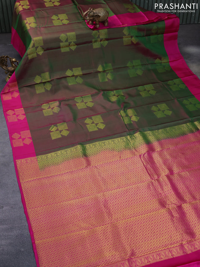 Pure kanchipuram silk saree dual shade of greenish pink and pink with allover self emboss & zari buttas and zari woven butta border