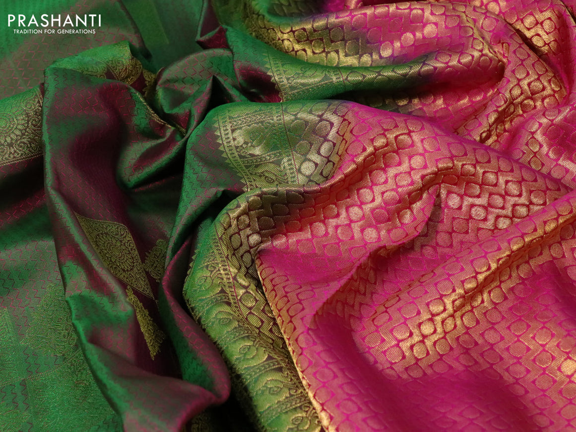 Pure kanchipuram silk saree dual shade of greenish pink and pink with allover self emboss & zari buttas and zari woven butta border