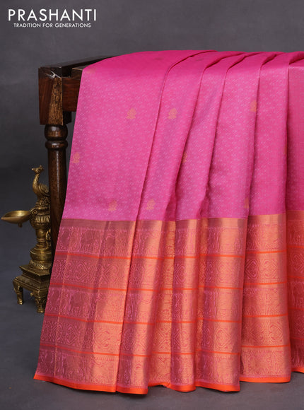 Pure kanchipuram silk saree magenta pink and orange with allover self emboss & zari buttas and long zari woven border