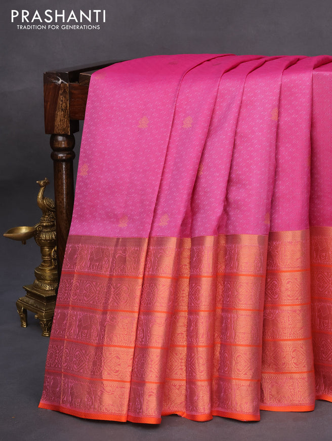 Pure kanchipuram silk saree magenta pink and orange with allover self emboss & zari buttas and long zari woven border